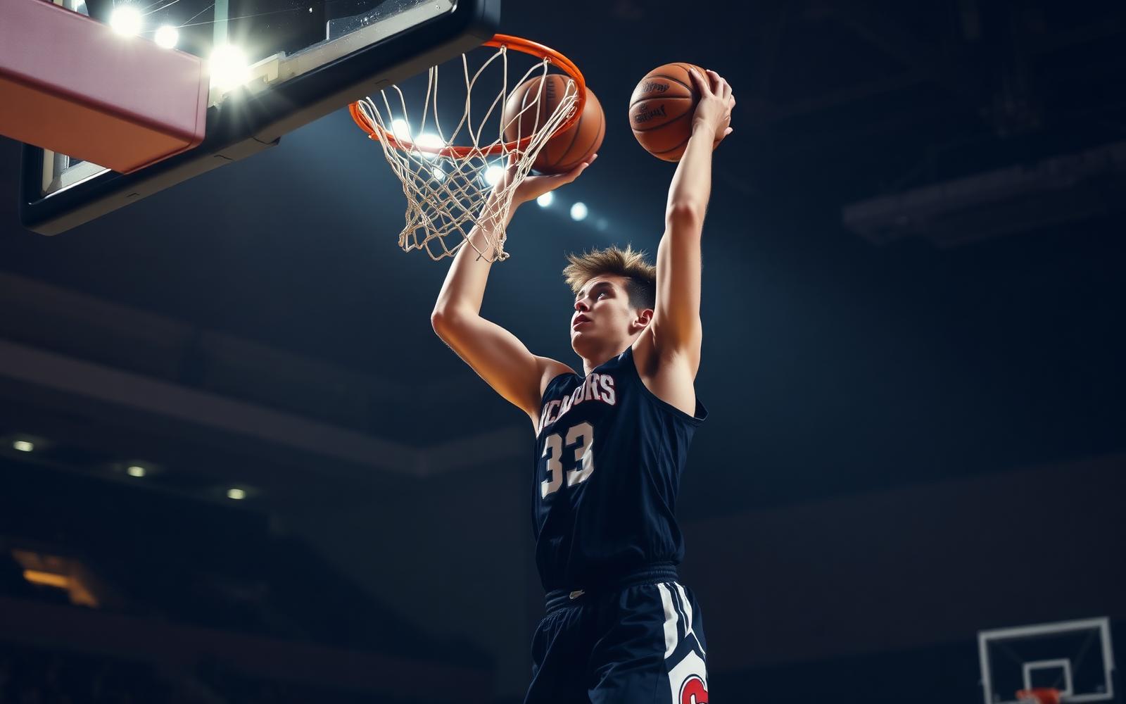 High school basketball player rising for a dunk under arena lights